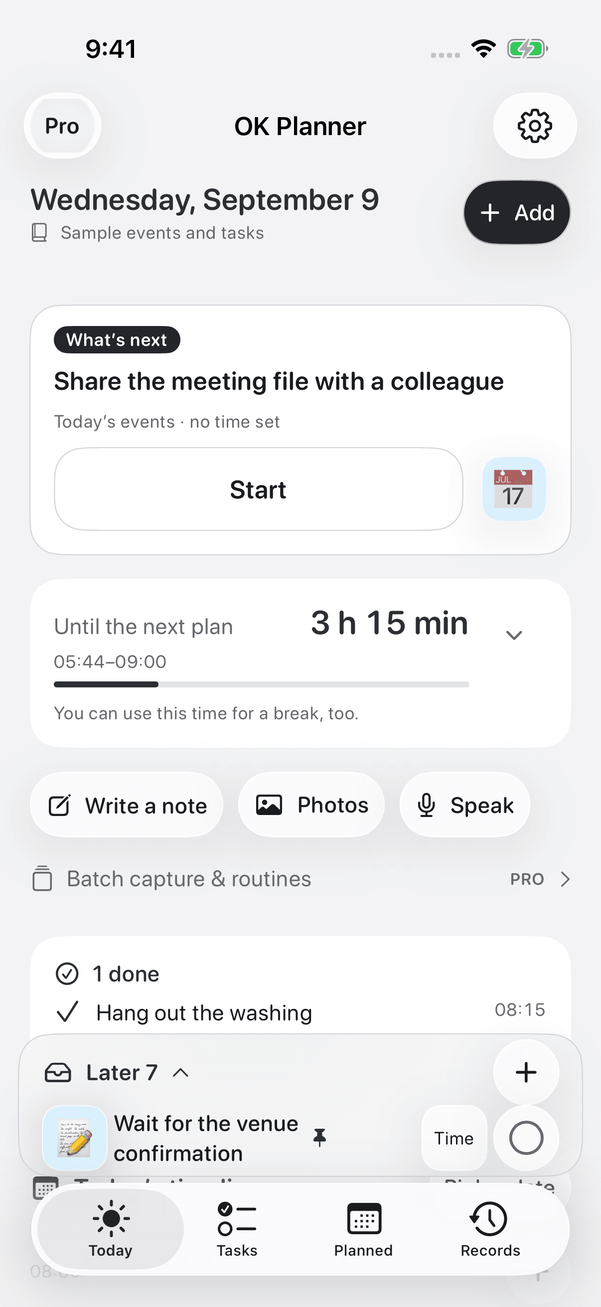 OK Planner’s Today screen in English, showing the next task, time until the next plan, and buttons to write a note, add photos, or speak.