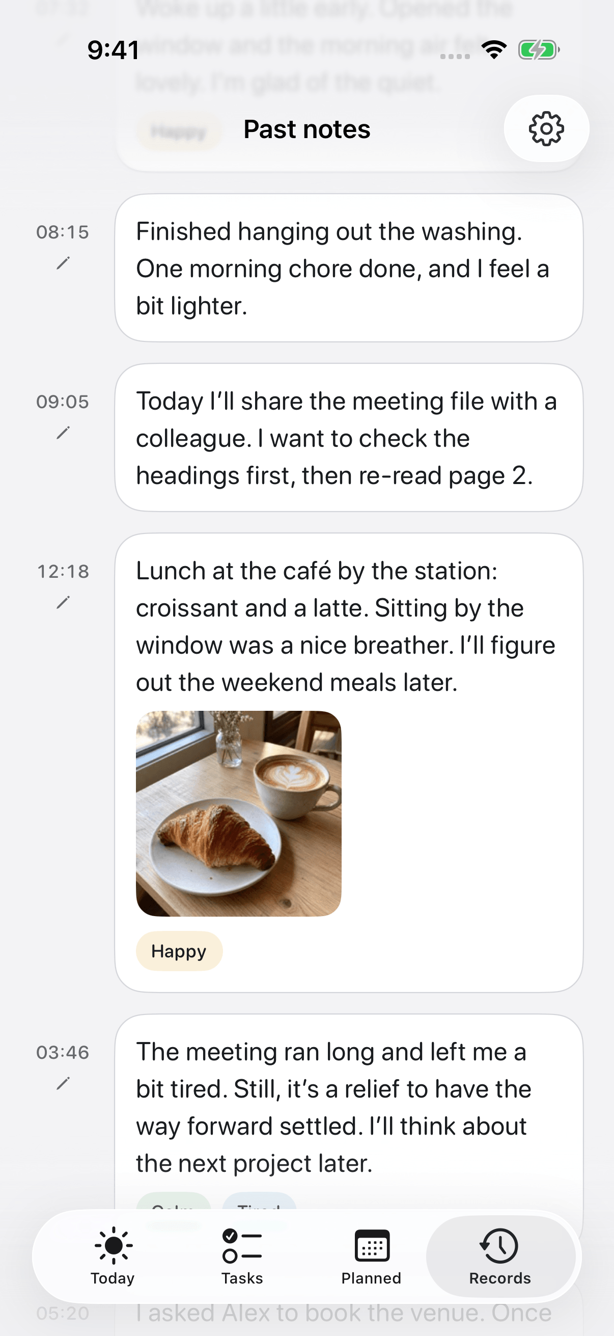 OK Planner’s Records screen in English, with diary entries and their times, a café photo, and tags for the day’s feelings.
