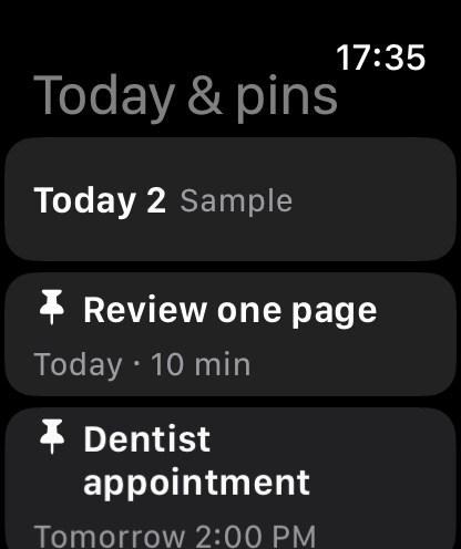 OK Planner on Apple Watch in English, showing today’s tasks and pinned items.