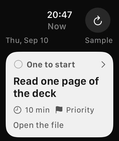 OK Planner บน Apple Watch ภาษาอังกฤษ แสดงงานหนึ่งอย่างที่จะเริ่ม เวลาที่คาดว่าจะใช้ และขั้นตอนแรก