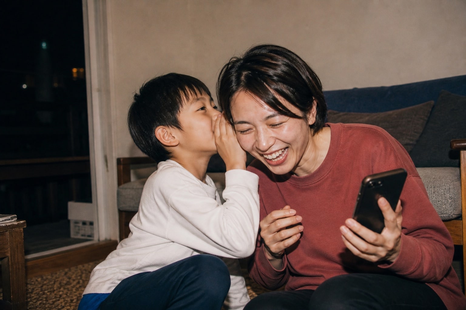 子どもが親に耳打ちし、ふたりで笑う家族のひととき