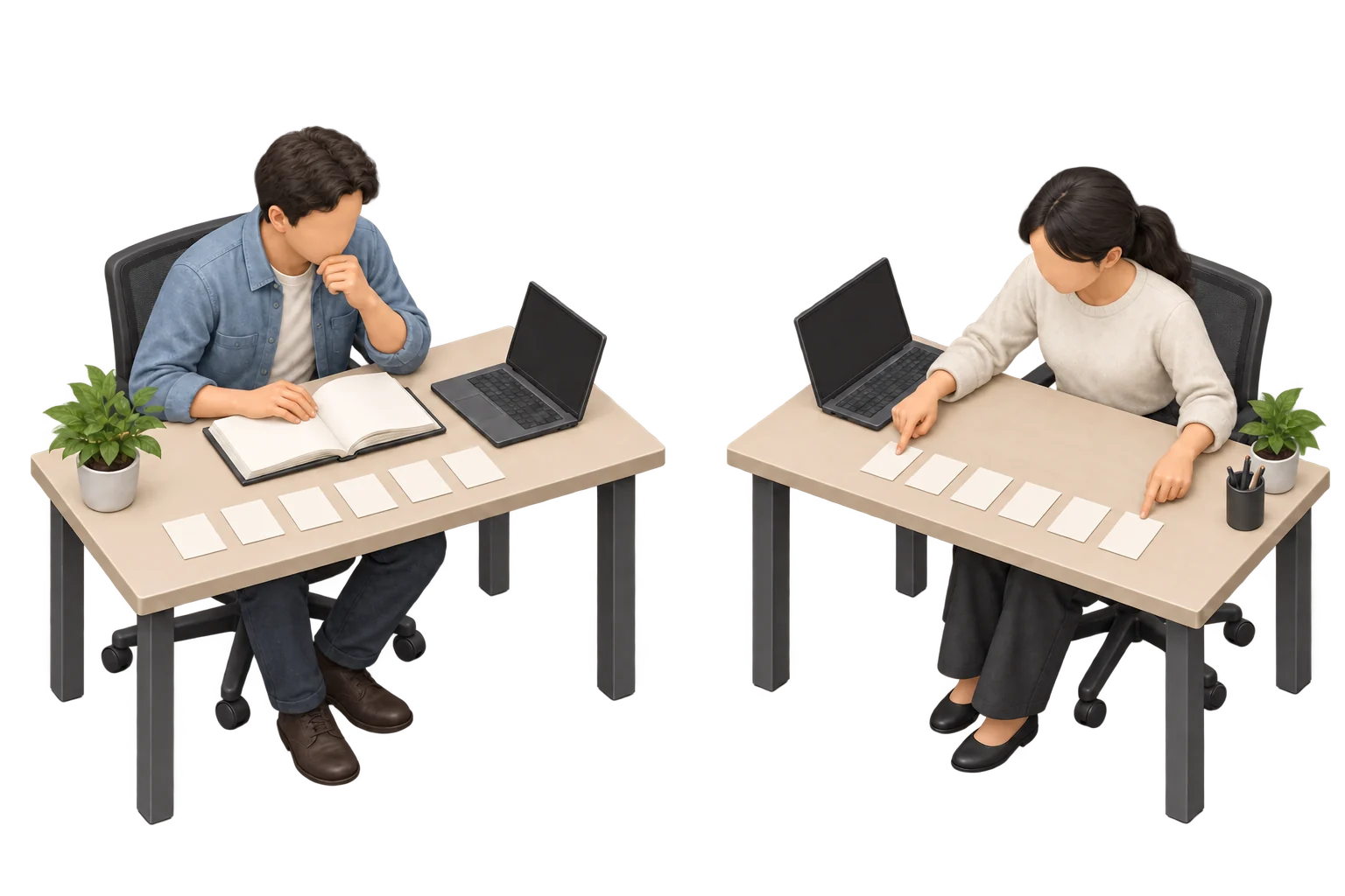 左に開いた本と6枚の紙片を並べて読む人、右に紙片の列の離れた2枚を指して比較する人を描いたイラスト