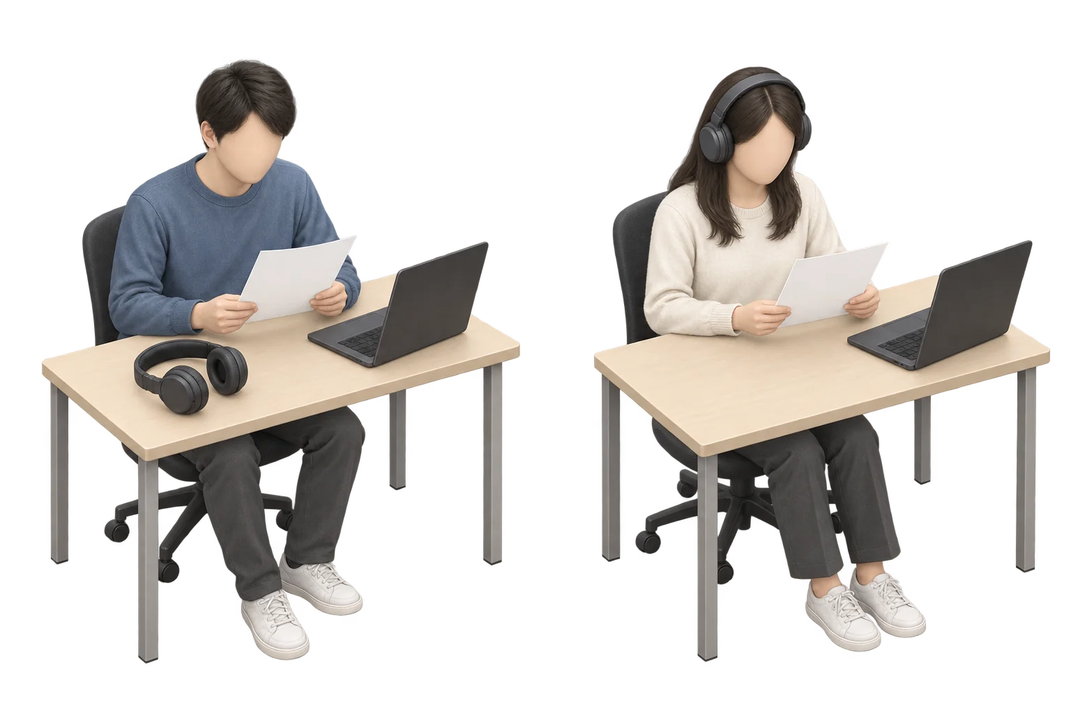 左に机上の未使用のヘッドホンのそばで質問用紙を読む人、右にヘッドホンを着けて同じ質問用紙を読む人を描いた比較イラスト