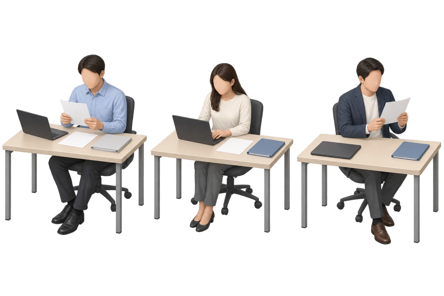 左に契約条件を読む人、中央に開いたPCで利用記録を扱う人、右に閉じたPCのそばで請求の用紙を確認する人を描いたイラスト