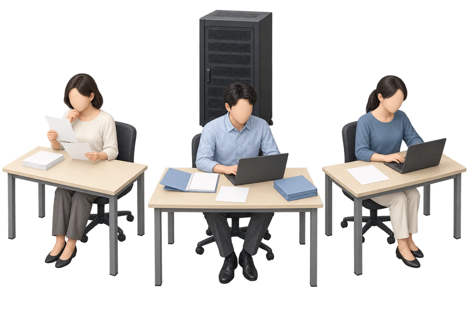 1つの共通サーバーを囲み、左で資料を研究する人、中央で学習の資料とPCを扱う人、右でPCと提供の記録を確認する人を描いたイラスト