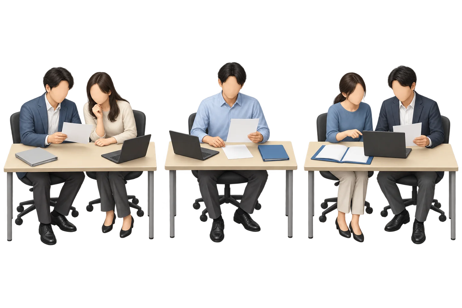 左に権利の付与記録を確認する2人、中央に権利の条件と確定記録を読む人、右にPCと会社の払込み・株式発行の記録を確認する2人を描いたイラスト