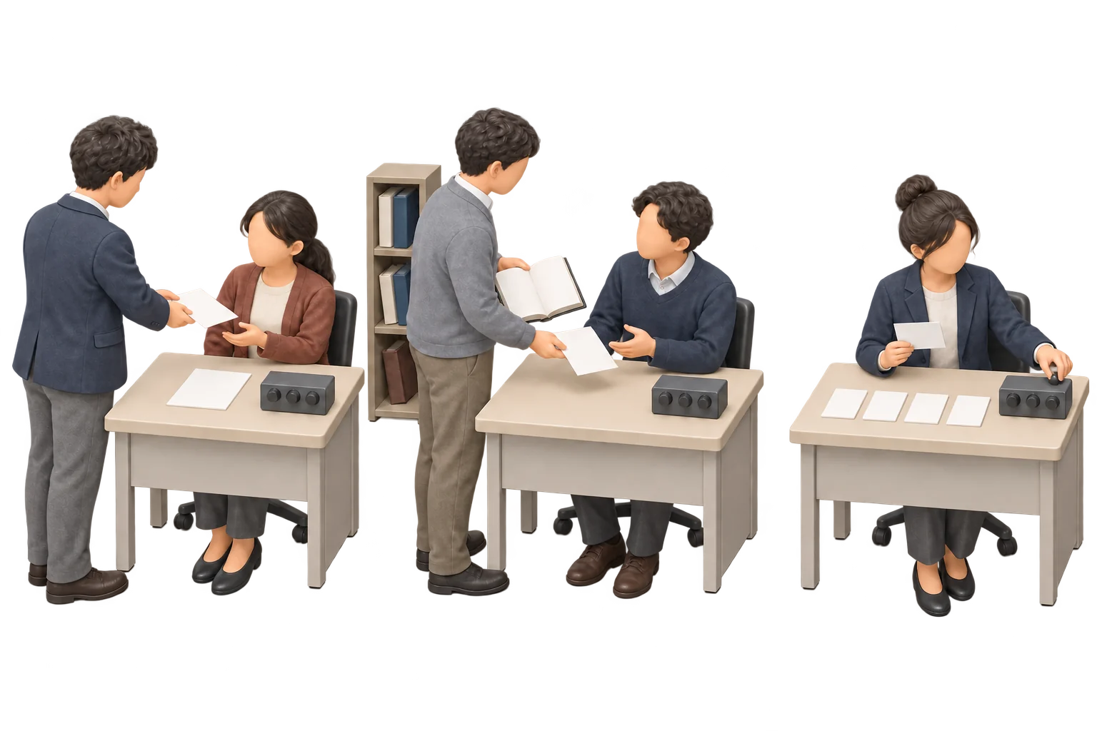 左に指示の紙を渡す人、中央に棚から選んだ資料を質問と並べて渡す人、右に複数の例を見ながら調整器のつまみを動かす研究者を描いたイラスト