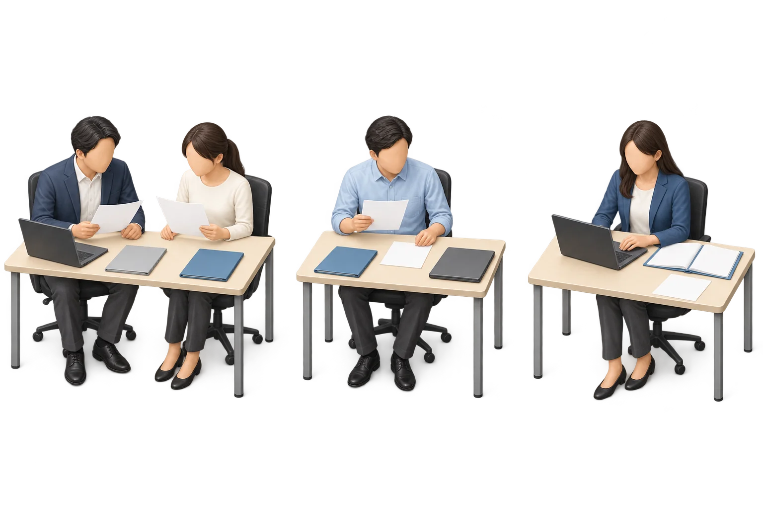 左に投資銀行の条件用紙を比較する2人、中央に閉じたPCの前で条件と実績を照合する人、右に開いたPCと会社の記録を確認する人を描いたイラスト