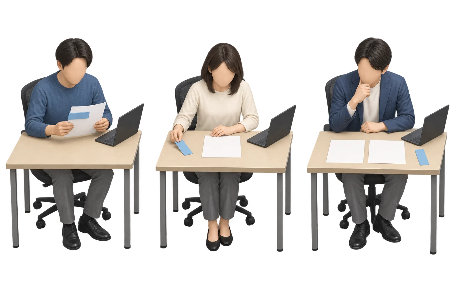 左に青い紙片を含む質問用紙を読む人、中央に質問用紙から青い紙片を外す人、右に2枚の回答用紙を見比べる人を描いたイラスト