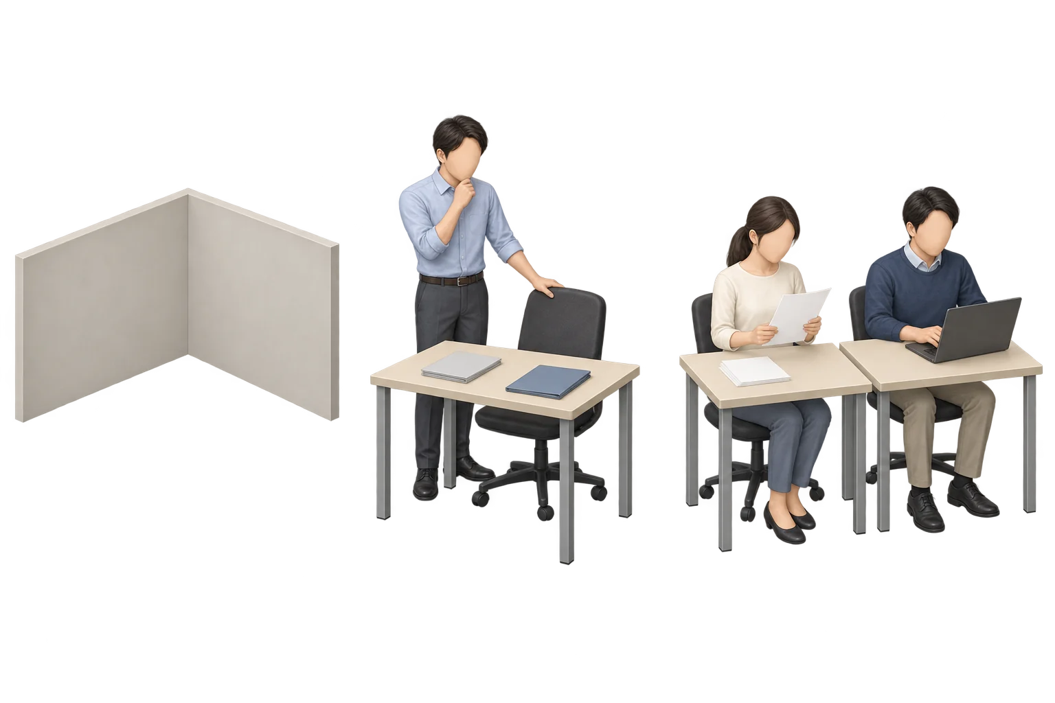 左に空の部屋、中央に机と椅子の配置を検討する人、右に内装済みの机で資料やPCを使う人たちを描いたイラスト