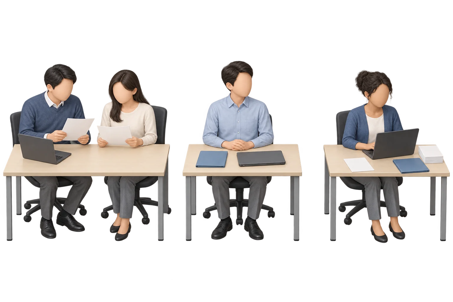 左に言語対応の資料を比べる2人、中央に準備済みのファイルと閉じたPCの前で待つ人、右に開いたPCで提供中の業務を行う人を描いたイラスト
