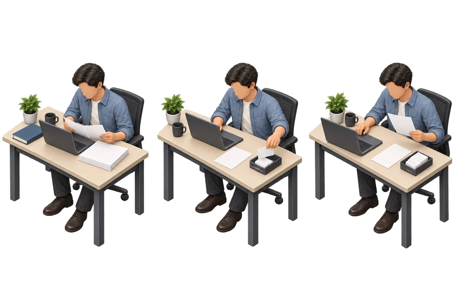 左に長い資料の一部を読む人、中央に小さなカード入れを更新する人、右にそのカード入れと次の資料を使う人を描いたイラスト