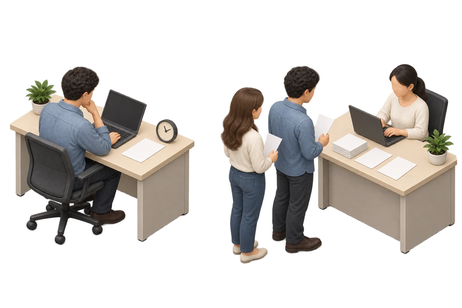 左に時計とノートPCの前で一つの依頼を待つ人、右に依頼の紙を持つ利用者と複数の依頼を扱う受付を描いたイラスト