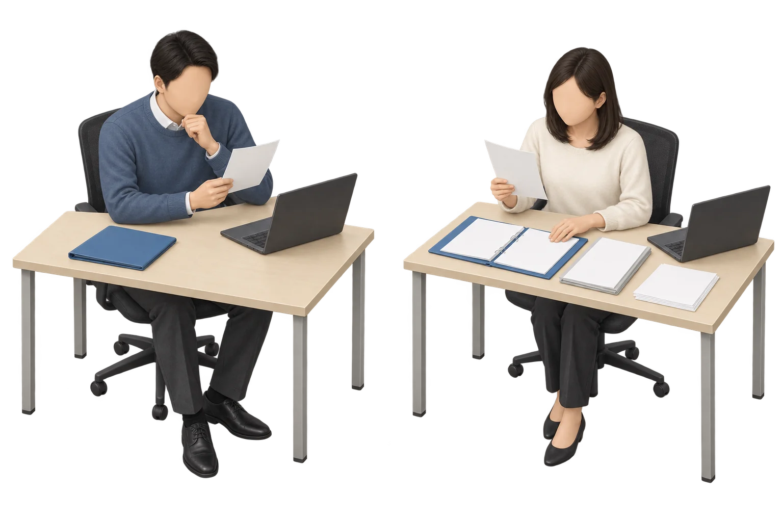 左に共通の課題の結果用紙を読む人、右に開いたフォルダーと資料・結果用紙を照合する人を描いた比較イラスト