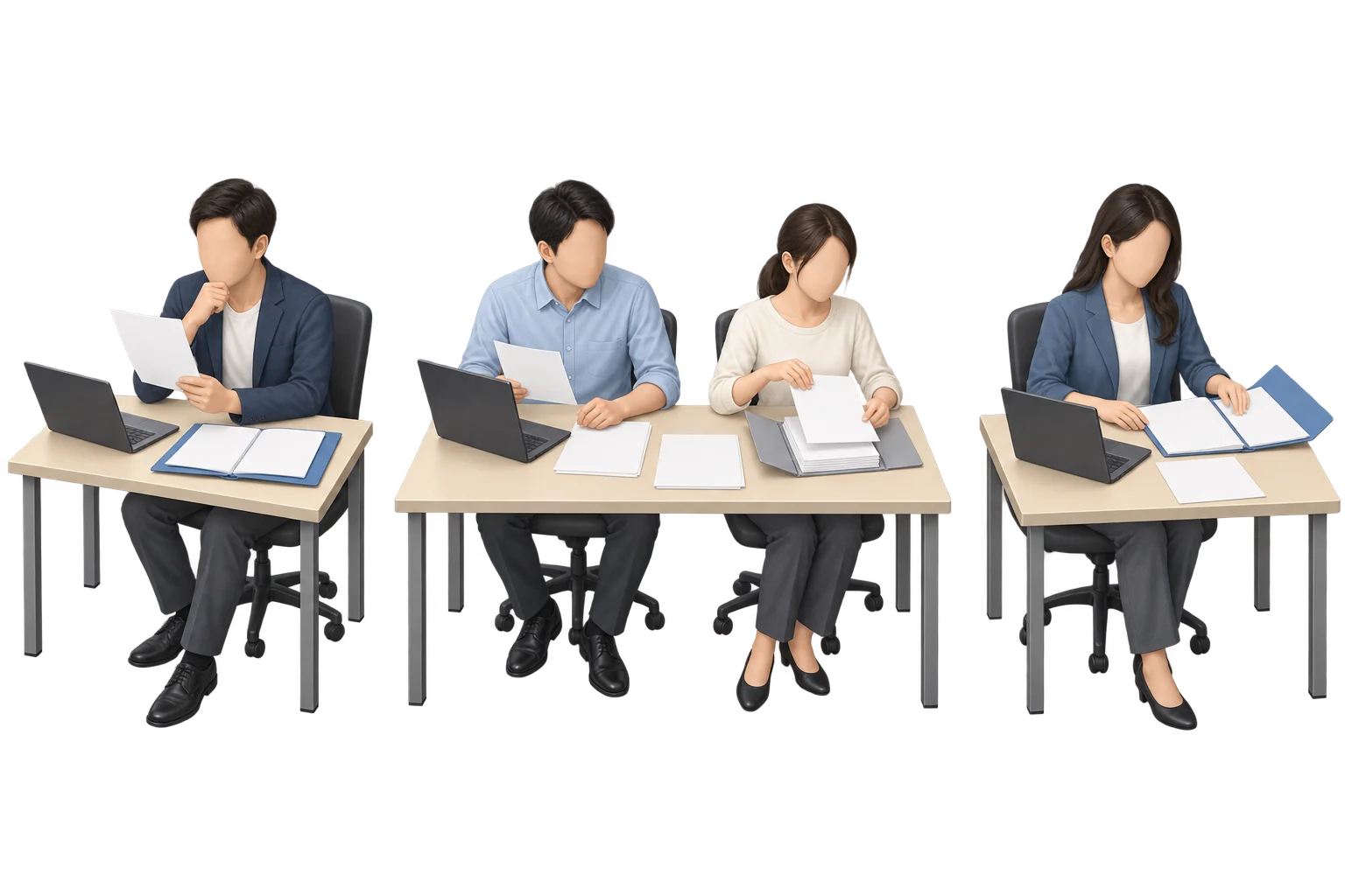 左に対応案と資料を読む人、中央に実際の仕事と証拠の資料を揃える2人、右に資料を確認して結果報告を準備する人を描いたイラスト