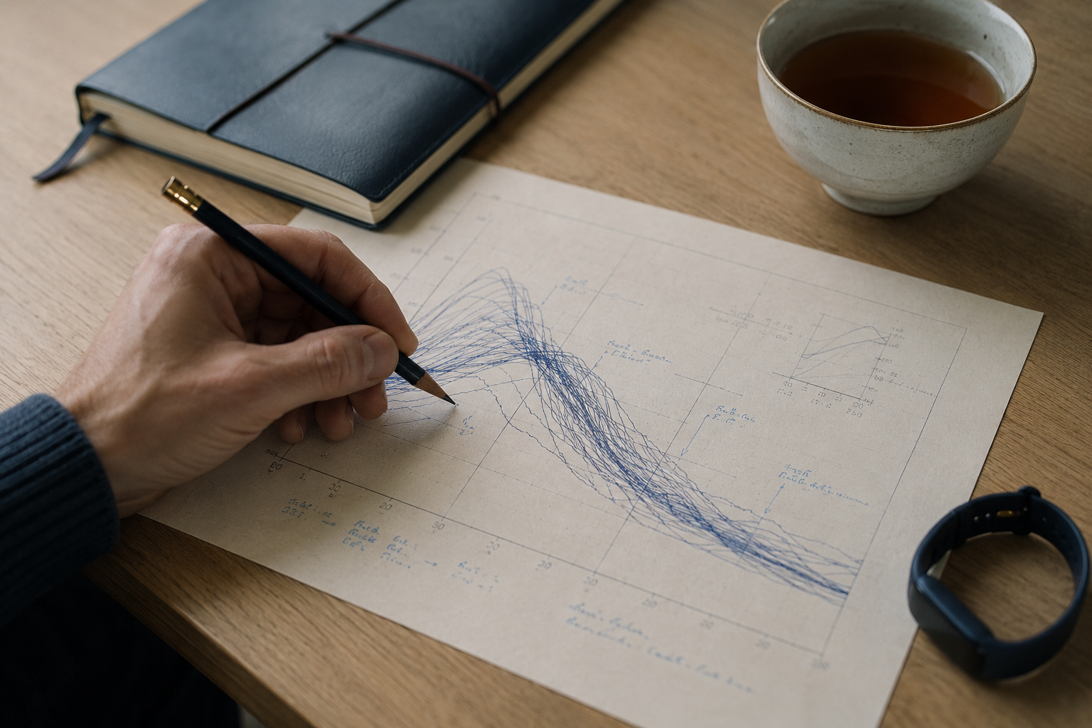A hand annotating an indigo HRV line graph on cream paper, with a leather notebook, a wristband, and a tea bowl.