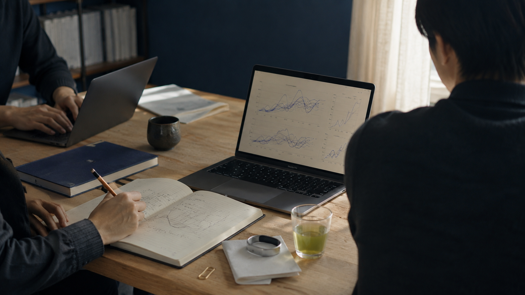 Researchers reviewing biosignal line charts on a laptop in a quiet indigo-walled study.