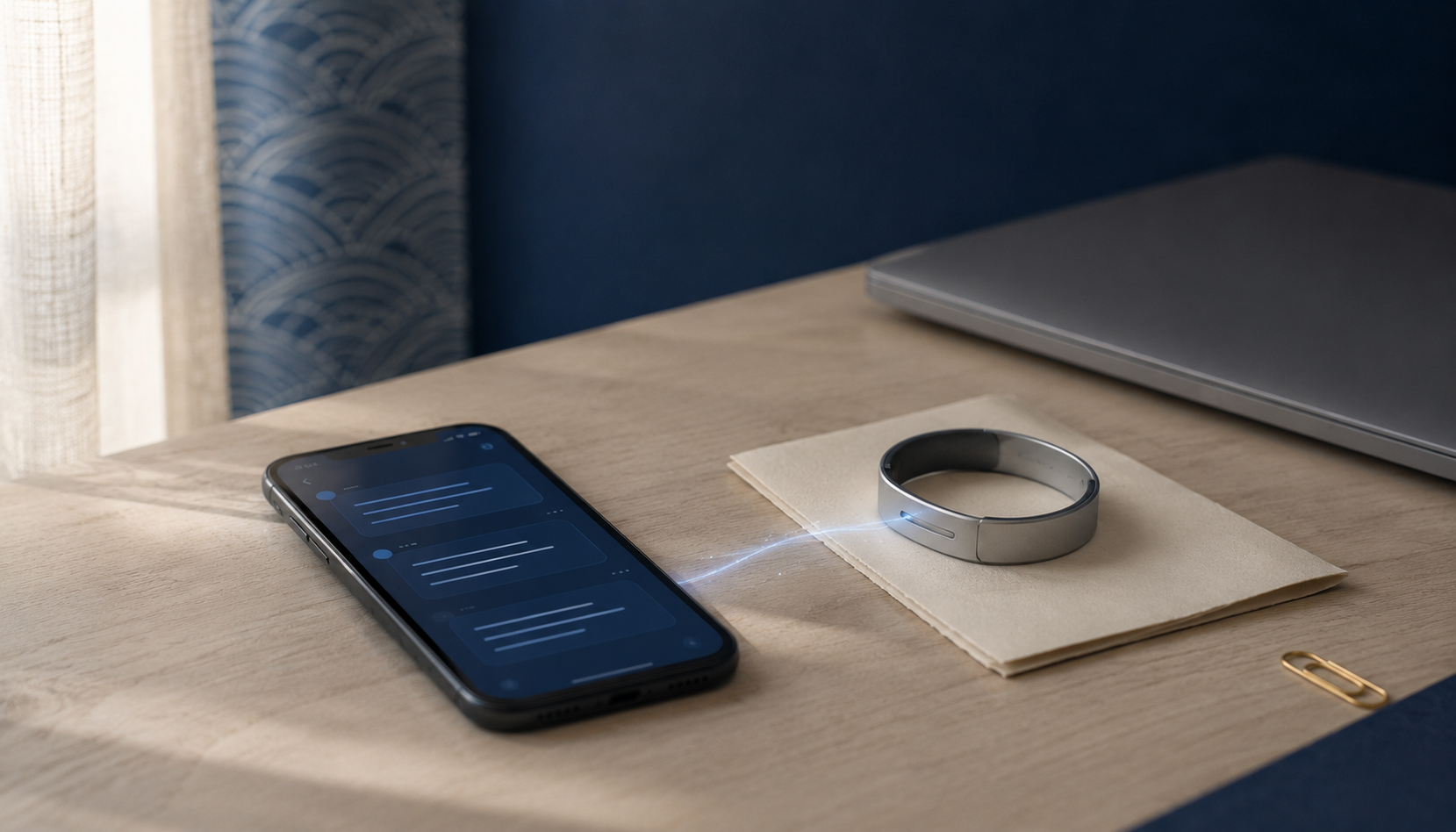 A smartphone and a wristband on a wood desk against a deep-indigo wall, a faint indigo light threading between them — body context flowing toward an AI conversation interface.